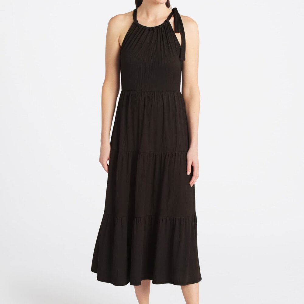 Kaileigh Whitney Knit Tiered Keyhole Back Black Midi Dress, Size Large